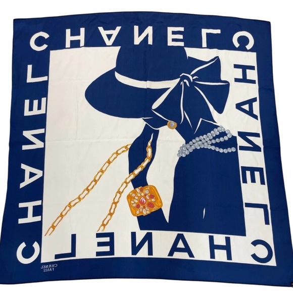 Chanel Navy White Mademoiselle Gripoix Silk Scarf - Picture 2 of 16